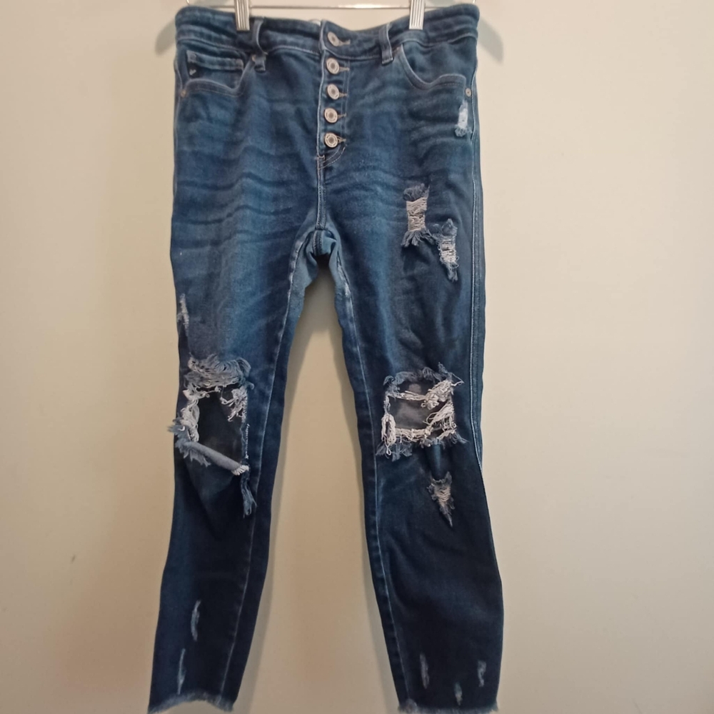 KanCan Womens sz 29 Jeans Med Wash Faded Distressed Denim Skinny Button Fly